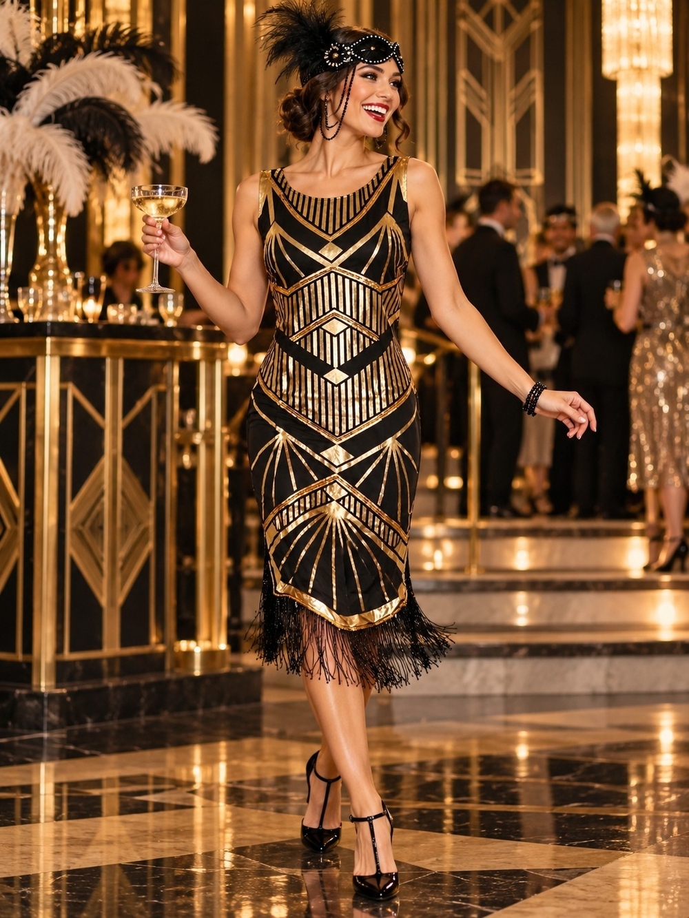 Jeune Femme Women’s Size L Black Gold Gatsby Fringe Dress w/ Headpiece New